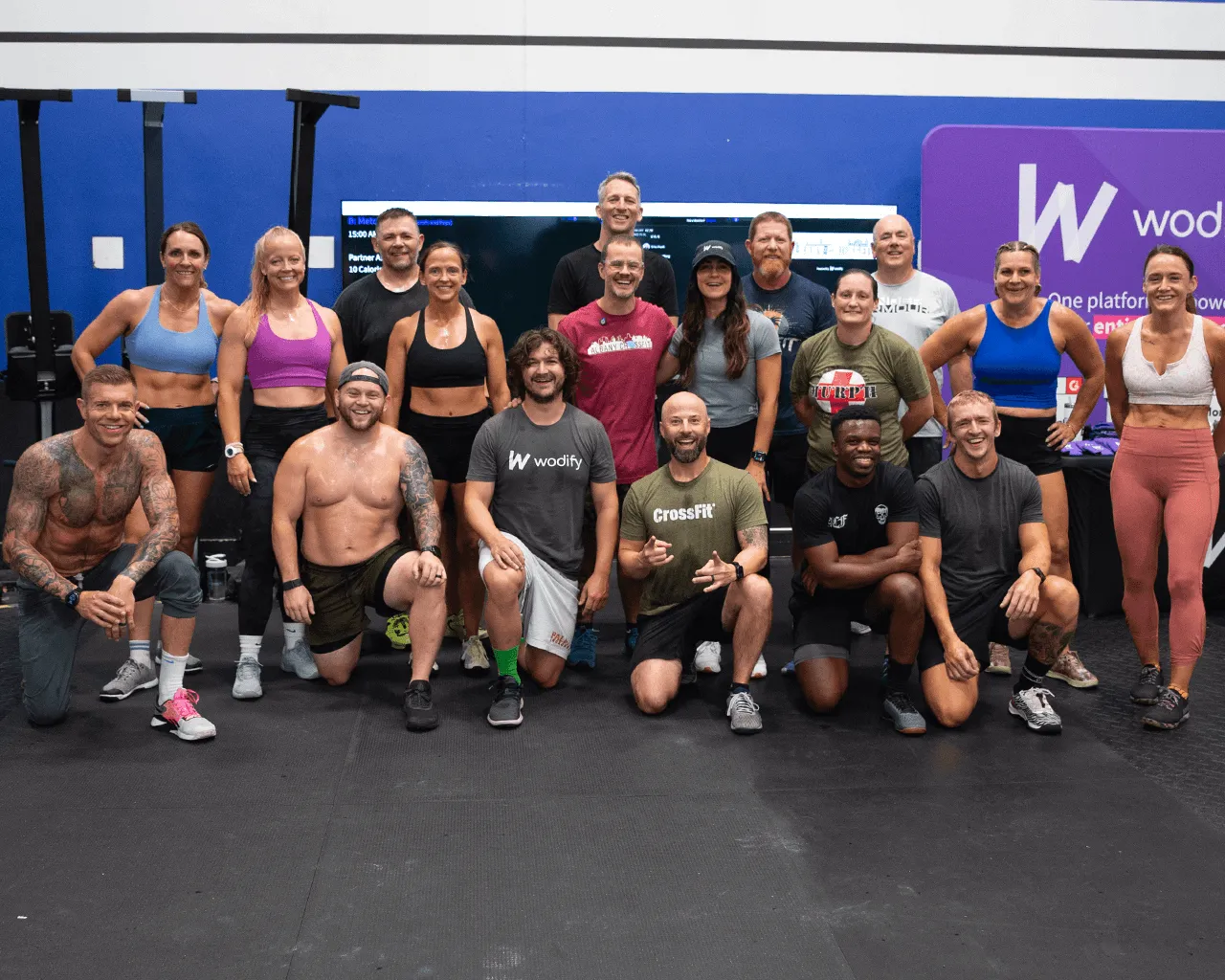 Group photo of CrossFit athletes with Wodify banner