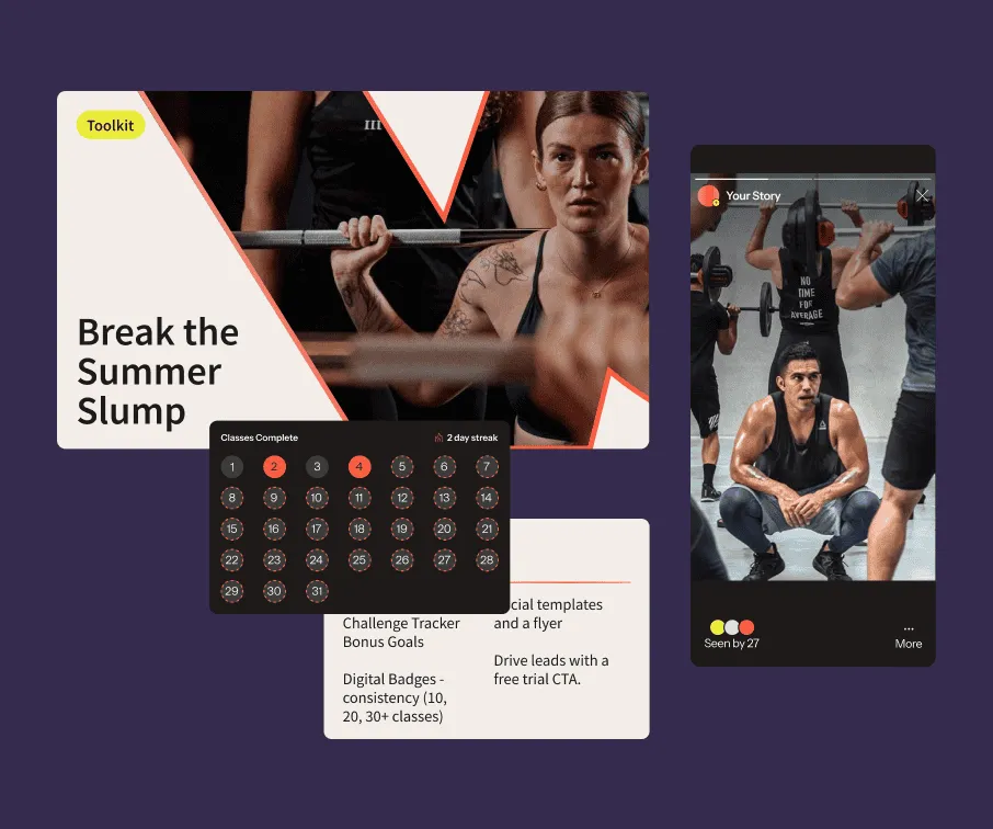 A woman lifts weights, while a calendar tracks fitness classes and goals.