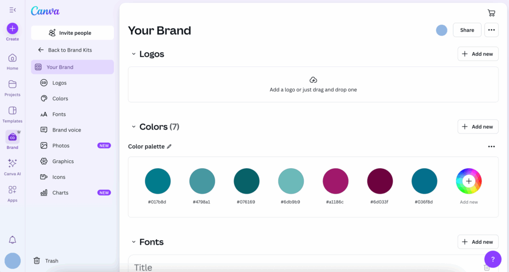 Add logos, brand colors and fonts with the brand kit for easy design access.