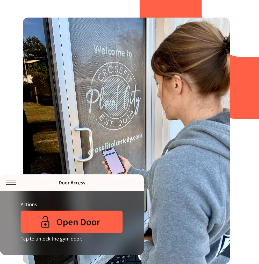 A woman uses the Wodify app to open a CrossFit gym door.