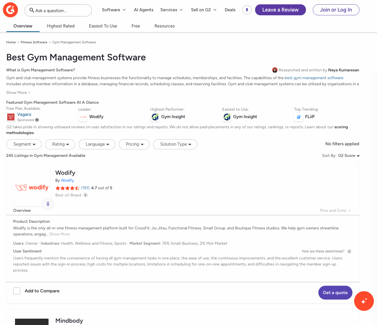 Best Gym Management Software on G2 indicate that Wodify is rated #1 per a G2 analysis.