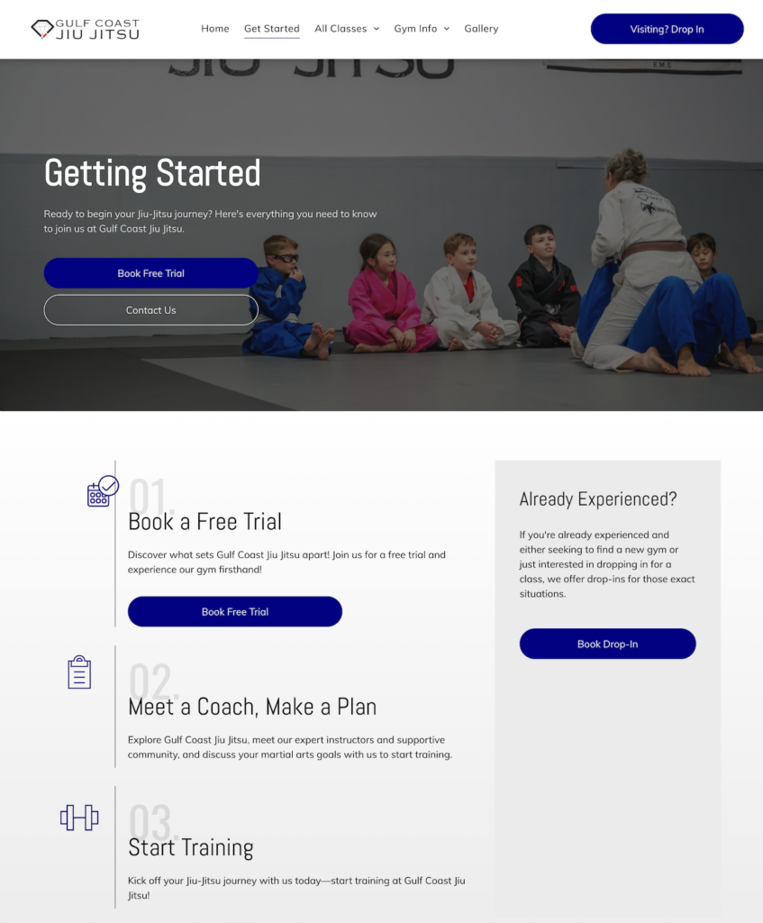 A Jiu-Jitsu website design that looks great and is true to the school’s brand, and is easy for a user to decide what they do next.